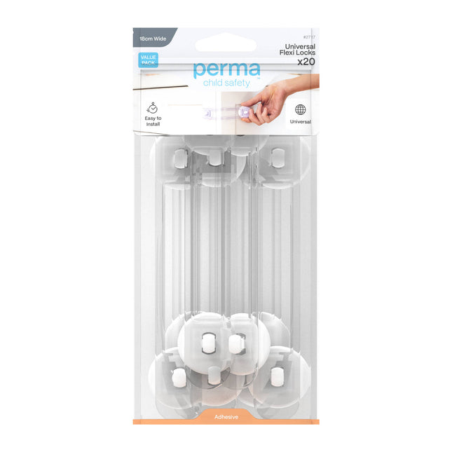Perma Child Safety 18cm Adhesive Universal Flexi Locks 20 pack, white and transparent flexible straps