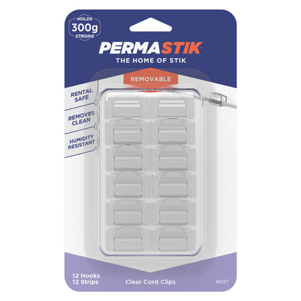 Permastik Clear Cord Clips 12 pack with 12 clear hooks and 12 adhesive strips