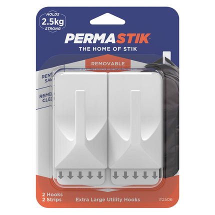 Permastik Extra Large Utility Hooks 2 pack in white with 2 adhesive strips
