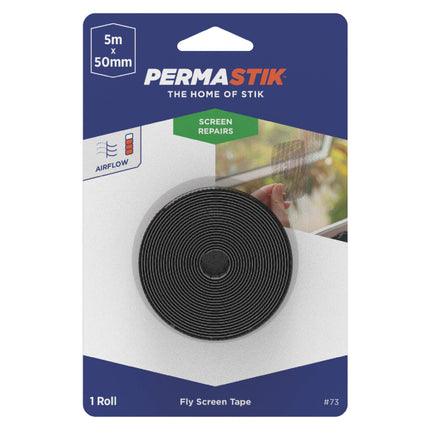 Permastik black fly screen repair tape 5m x 50mm roll in pack