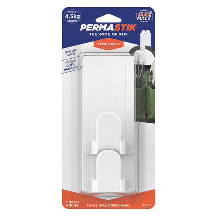 Permastik Heavy Duty Utility Hooks 2 pack with 4 adhesive strips in retail packaging