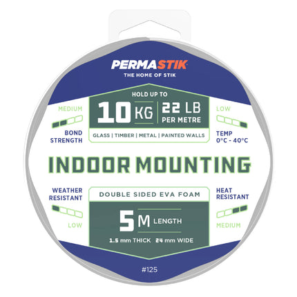 Permastik Indoor Mounting Tape 24mm x 5m white double-sided foam tape roll