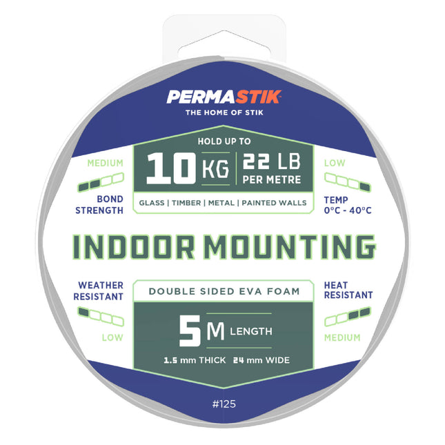 Permastik Indoor Mounting Tape 24mm x 5m white double-sided foam tape roll
