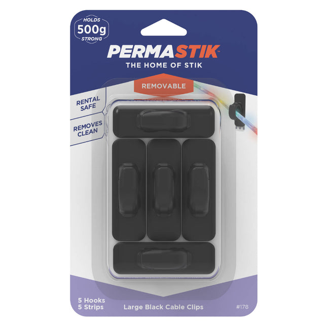 Permastik Large Black Cable Clips 5 Pack on retail card