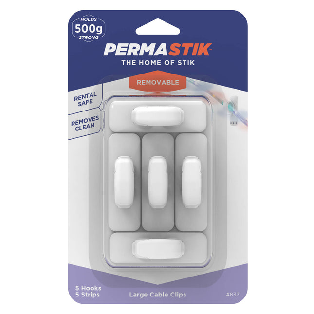 Permastik Large Cable Clips white 5 pack with 5 hooks and 5 adhesive strips