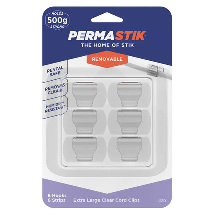 Permastik Large Clear Cord Clips 6 pack in retail packaging