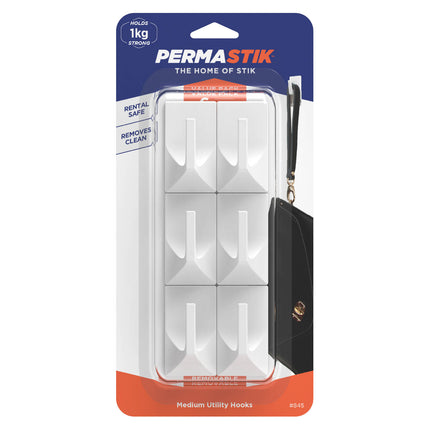 Permastik Medium Utility Hooks white 6 pack with 6 adhesive strips