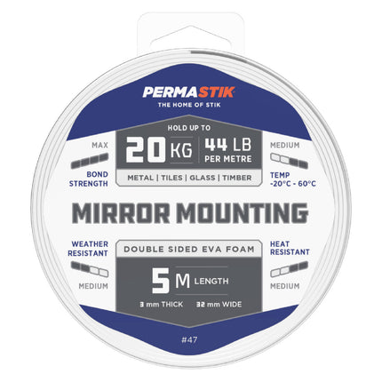 Permastik Mirror Mounting Tape 32mm x 5m white double-sided foam roll in retail pack