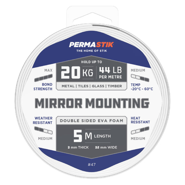 Permastik Mirror Mounting Tape 32mm x 5m white double-sided foam roll in retail pack