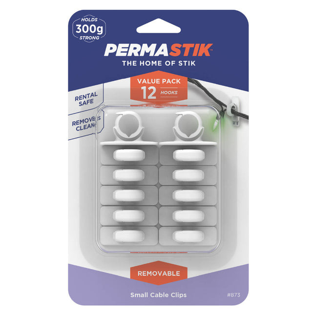 Permastik Small Cable Clips 12 pack in white with adhesive strips