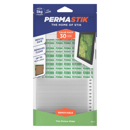 Permastik Thin Picture Strips 30 Pairs pack, white self-adhesive picture hanging strips