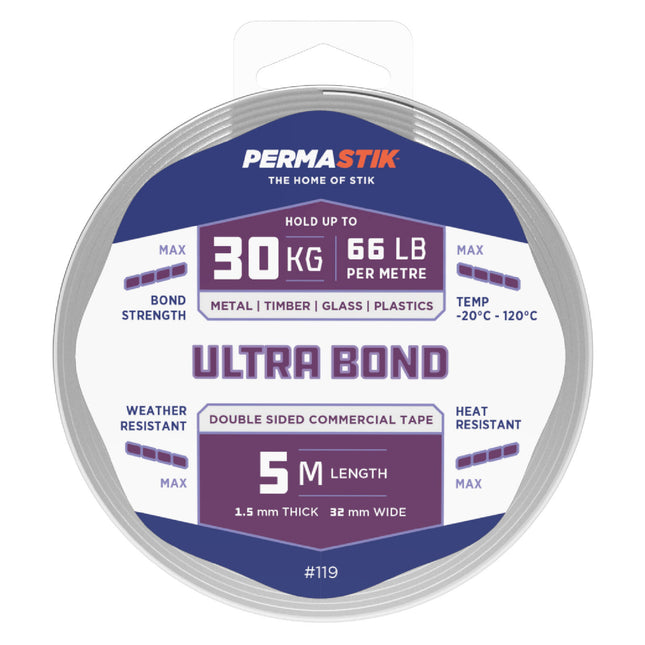 Permastik Ultra Bond Mounting Tape 5m x 32mm white double-sided foam tape roll in pack
