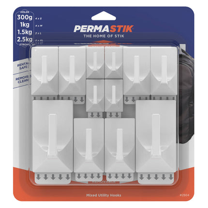 Permastik Utility Hooks Value Pack 12 Pack of white mixed size adhesive hooks in retail packaging