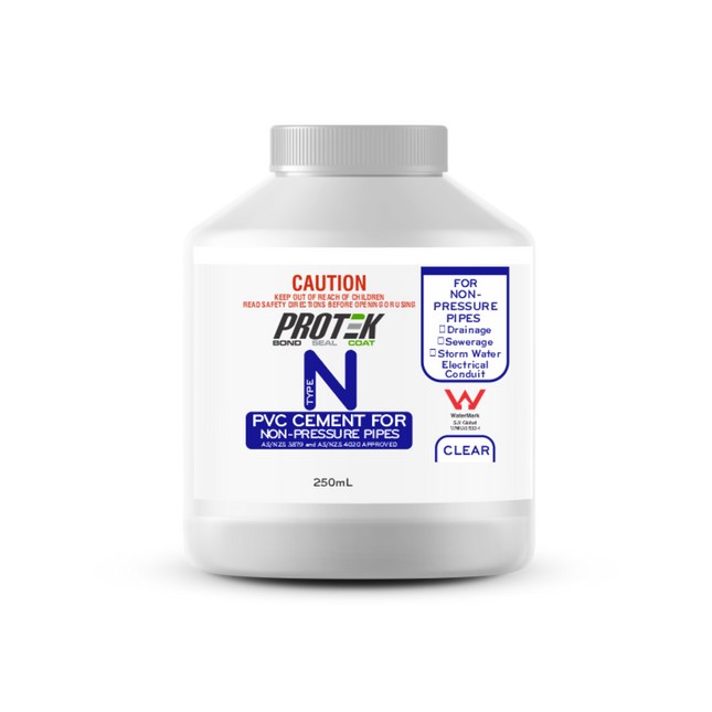 Protek Type N Clear Solvent Cement 250ml container for non-pressure PVC pipes