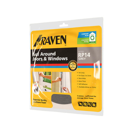 Raven RP14 grey self adhesive foam weather strip, 5m coil for doors and windows