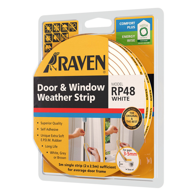 Raven RP48 white self adhesive door and window weather strip 5m coil pack