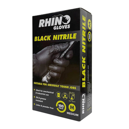 Rhino Gloves Black Nitrile Disposable Gloves Medium 100 pack box