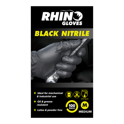 Rhino Gloves Black Nitrile Disposable Gloves Medium 100 pack box (3)