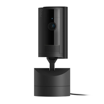 Ring Pan-Tilt Indoor Camera in black with pan-tilt stand and privacy cover