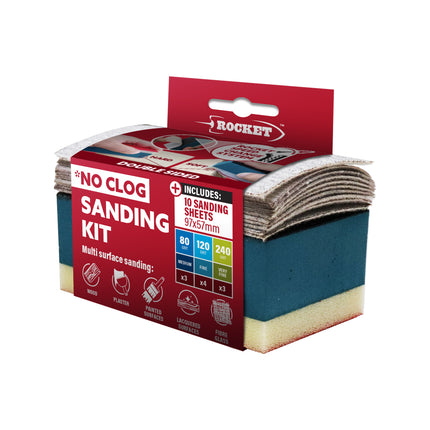Rocket Sanding Sponge Kit 10 Pack with hook and loop sanding block and assorted grit sheets (3)