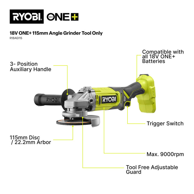 Ryobi 18V ONE+ 115mm Cordless Angle Grinder - Tool Only (2)