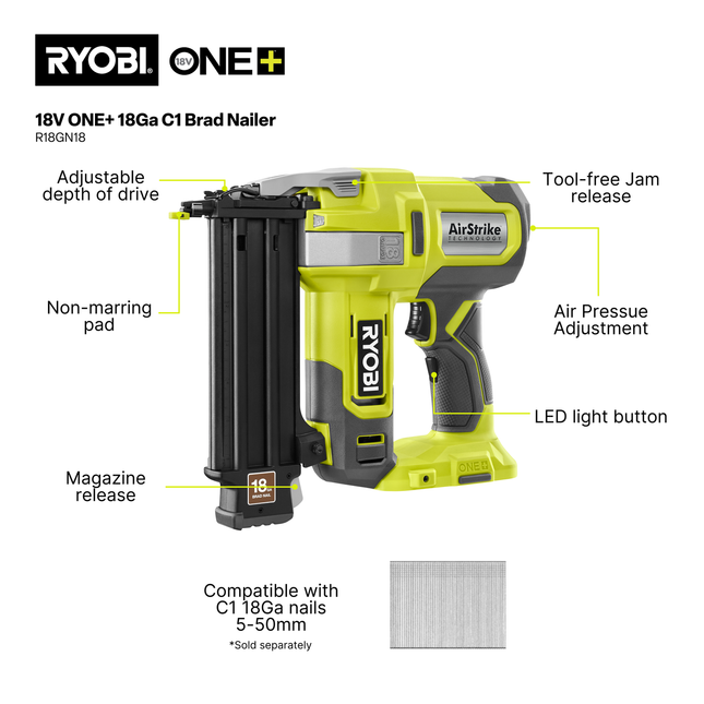 Ryobi 18V ONE+ 18 Gauge Cordless Brad Nailer - Tool Only (2)