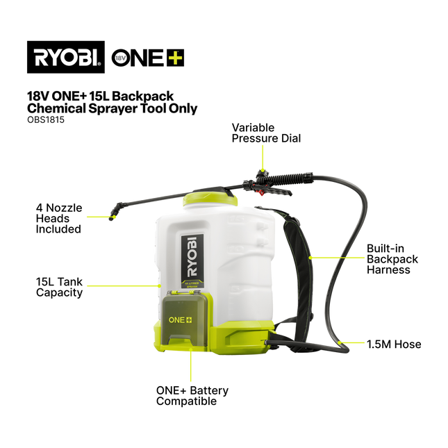 Ryobi 18V ONE+ Backpack Chemical Sprayer 15L Tool Only - for Large Area Spraying (2)