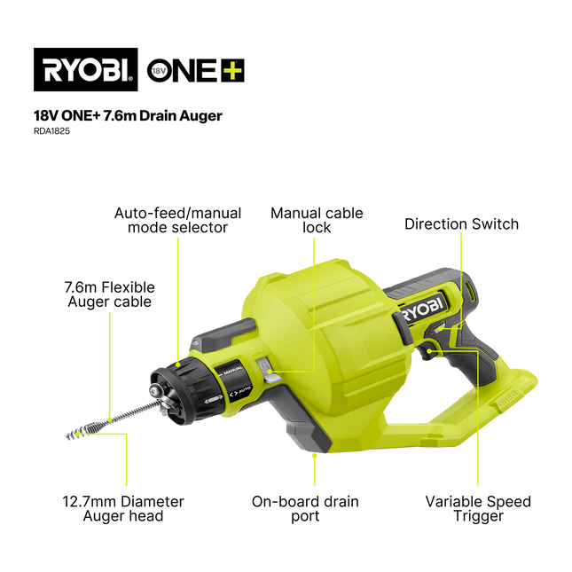 Ryobi 18V ONE+ Drain Auger 7.6m Tool Only - for Clearing Blocked Pipes (2)