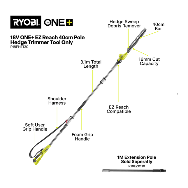 Ryobi 18V ONE+ EZ REACH Pole Hedge Trimmer 40cm R18PHT130 Tool Only - for Tall Hedges (2)