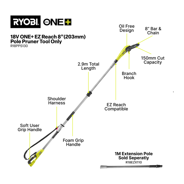 Ryobi 18V ONE+ EZ REACH Pole Pruner 203mm R18PPS130 Tool Only - for High Branches (2)