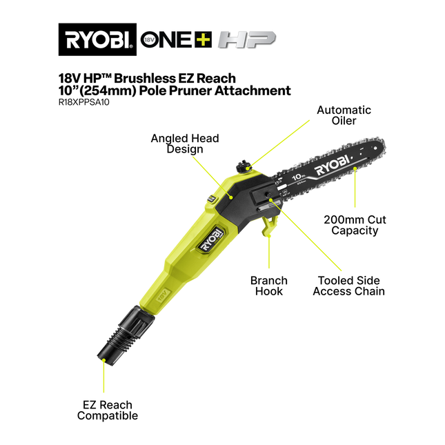 Ryobi 18V ONE+ EZ Reach Pole Pruner Attachment 10” Tool Only - for High Branches (2)