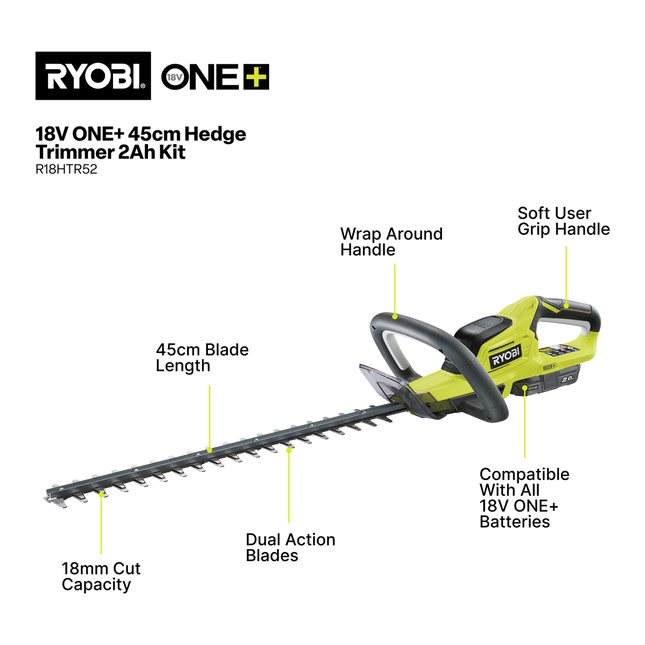 Ryobi 18V ONE+ Hedge Trimmer 45cm 2.0Ah Kit for Garden Shaping (2)