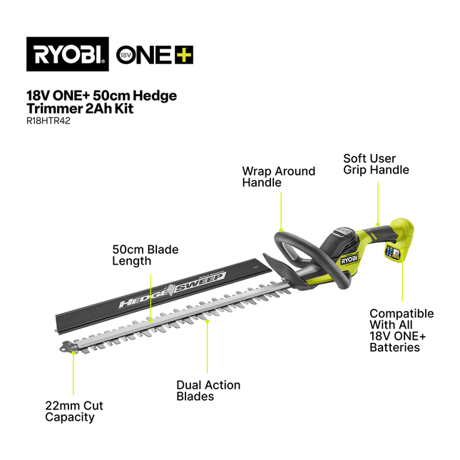 Ryobi 18V ONE+ Hedge Trimmer 50cm 2.0Ah Kit for Garden Shaping (2)