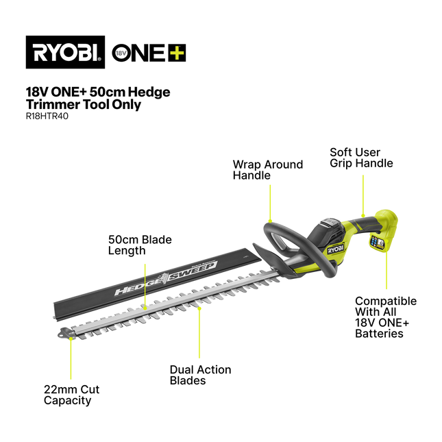 Ryobi 18V ONE+ Hedge Trimmer 50cm Tool Only - for Wide Hedge Cutting (2)