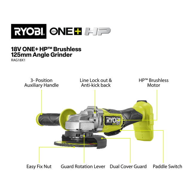 Ryobi 18V ONE+ HP Angle Grinder 125mm Tool Only - for Heavy Grinding (2)