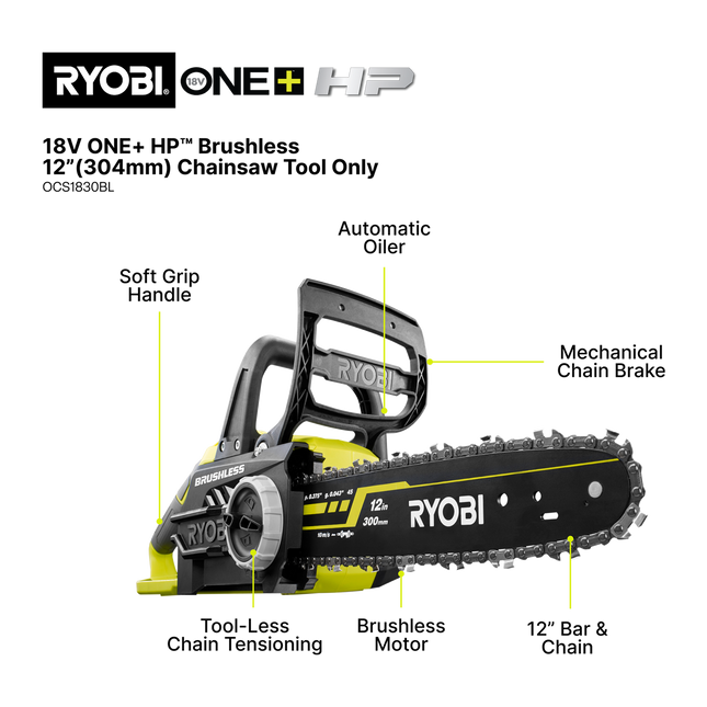 Ryobi 18V ONE+ HP Brushless Chainsaw 30cm OCS1830BL Tool Only - for Heavy Cutting (2)