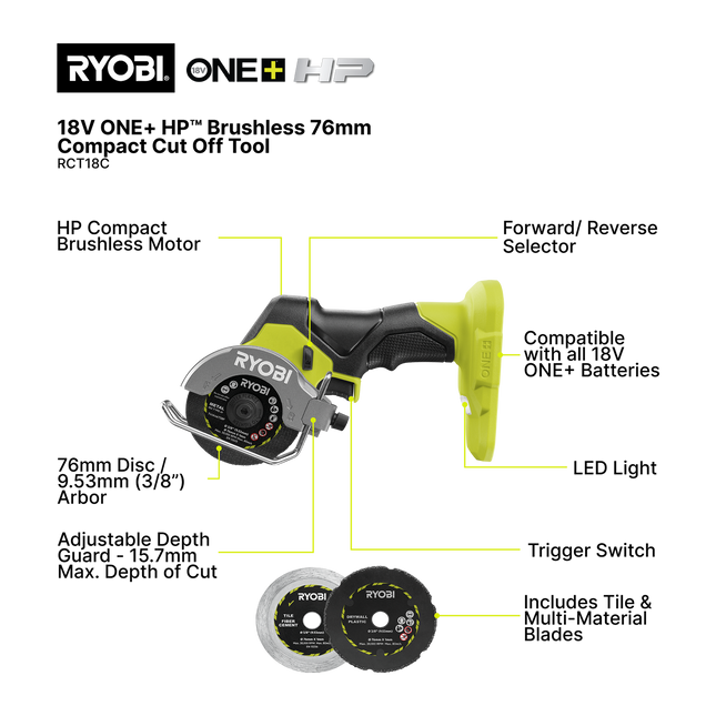 Ryobi 18V ONE+ HP Brushless Compact Cut Off Tool RCT18C Skin Only - for Metal & Tile (2)