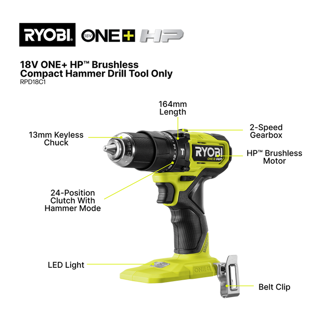 Ryobi 18V ONE+ HP Brushless Compact Hammer Drill RPD18C1 Tool Only - for Compact Power (2)