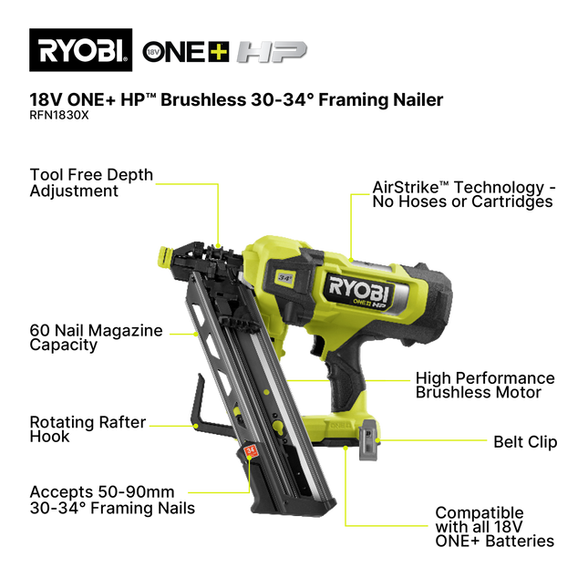 Ryobi 18V ONE+ HP Brushless Framing Nailer 30–34° Tool Only - for Structural Framing (2)