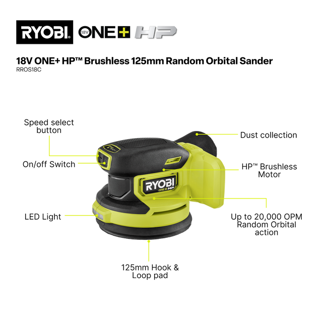 Ryobi 18V ONE+ HP Brushless Random Orbital Sander 125mm RROS18C Tool Only - for Smooth Finishing (2)
