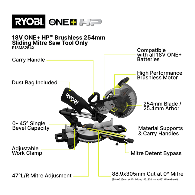 Ryobi 18V ONE+ HP Brushless Sliding Mitre Saw 254mm Tool Only - for Precision Cutting (2)