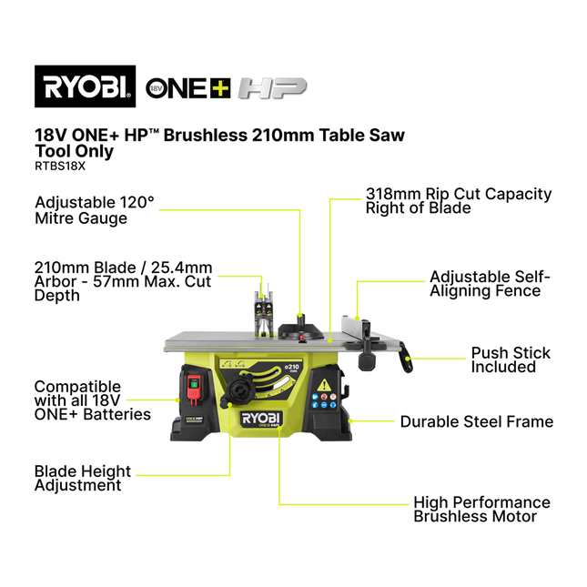 Ryobi 18V ONE+ HP Brushless Table Saw 210mm Tool Only - for Jobsite Cutting (2)