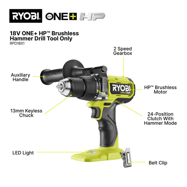 Ryobi 18V ONE+ HP High Torque Hammer Drill RPD18X1 Tool Only - for Heavy Drilling (2)