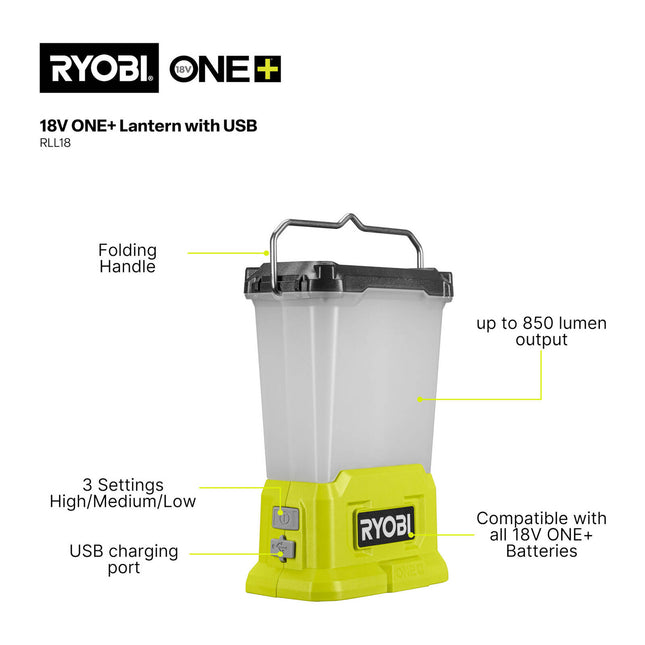Ryobi 18V ONE+ Lantern with USB RLL18 Tool Only - for Portable Worksite Lighting (2)