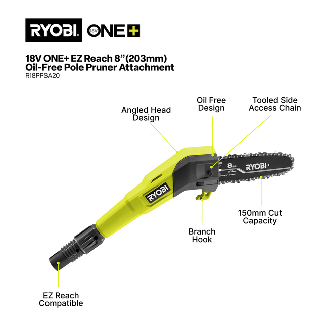 Ryobi 18V ONE+ Oil-Free Pole Pruner Attachment 203mm R18PPSA20 for High Branches (2)