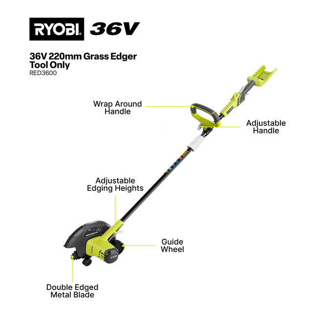 Ryobi 36V Cordless Edger 220mm RED3600 Tool Only - for Clean Lawn Edges (2)