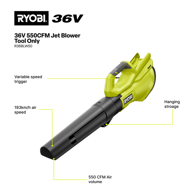 Ryobi 36V Jet Blower 550CFM R36BLW50 Tool Only - for High Power Leaf Clearing (2)