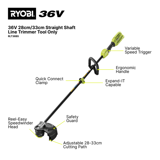 Ryobi 36V Straight Shaft Line Trimmer 28/33cm RLT36BS Skin Only for Large Lawns (2)