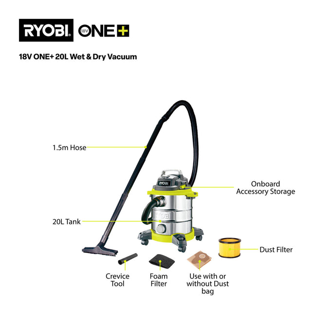 Ryobi Wet & Dry Vacuum 20L 1250W for Jobsite Cleanup (2)