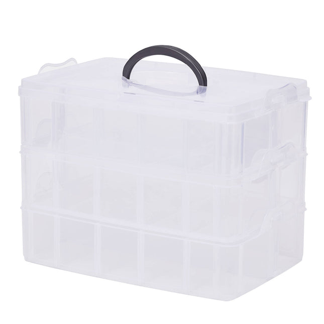 Stakt 30 compartment 3 tier clear storage box with carry handle and clip locks